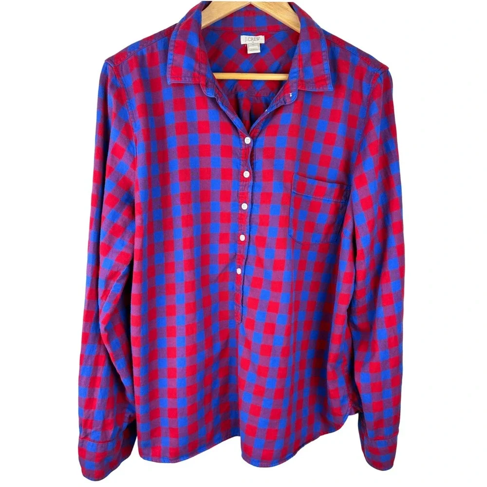 J.Crew Buffalo Check Popover Shirt XL Red Blue Plaid 100% Cotton Casual